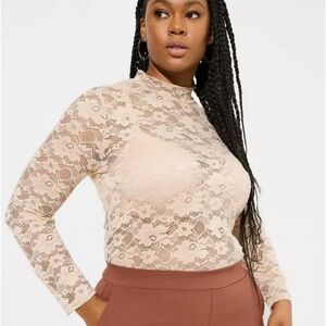NWT Torrid Sheer Stretch Lace Mock Neck Long Sleeve Top Beige 3X 22-24